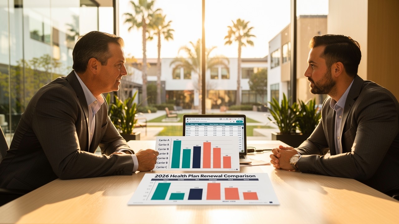 Broker and business owner reviewing 2026 group health insurance rate increases together