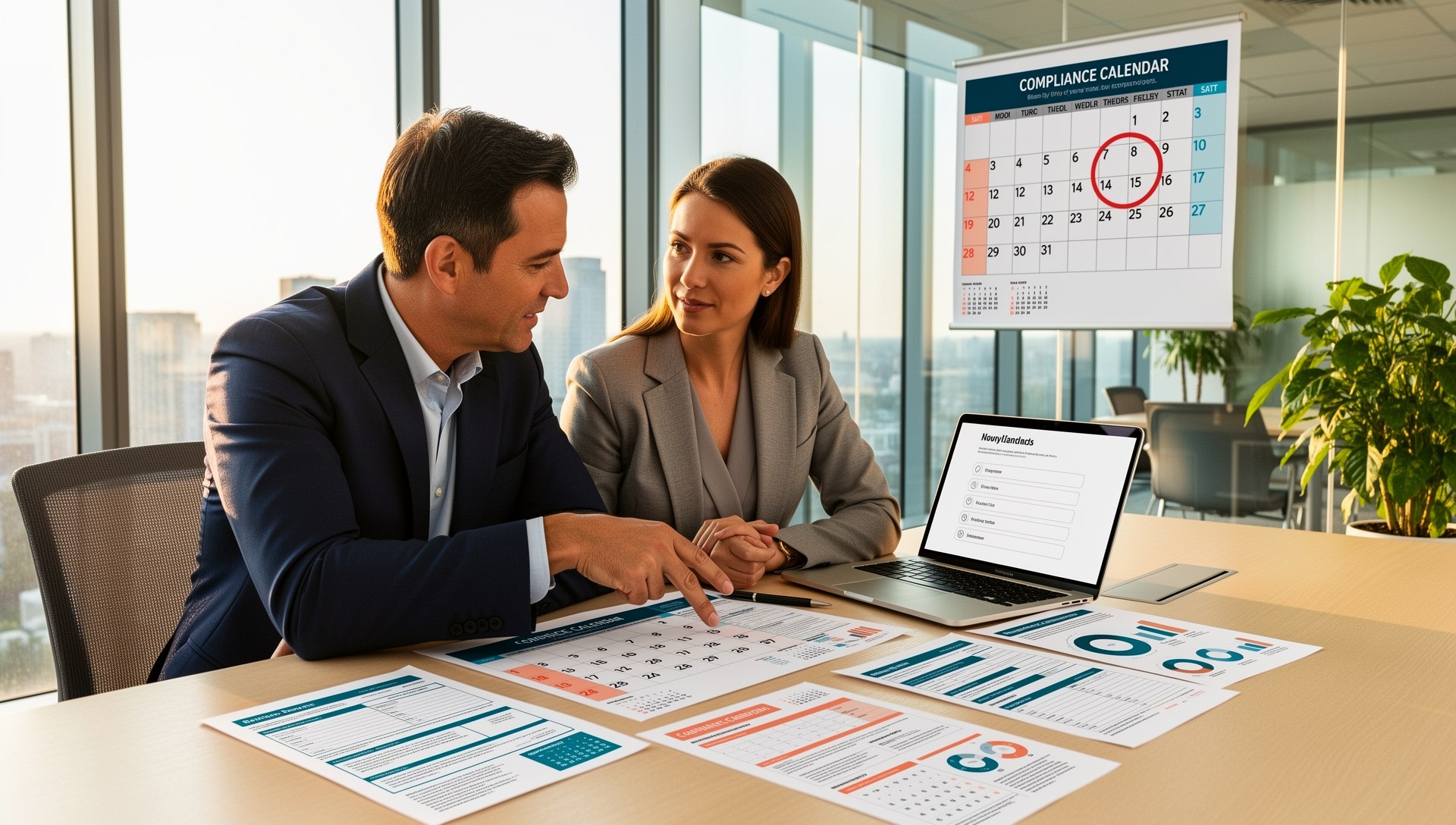 Employer and HR manager reviewing ACA compliance calendar and filing deadlines