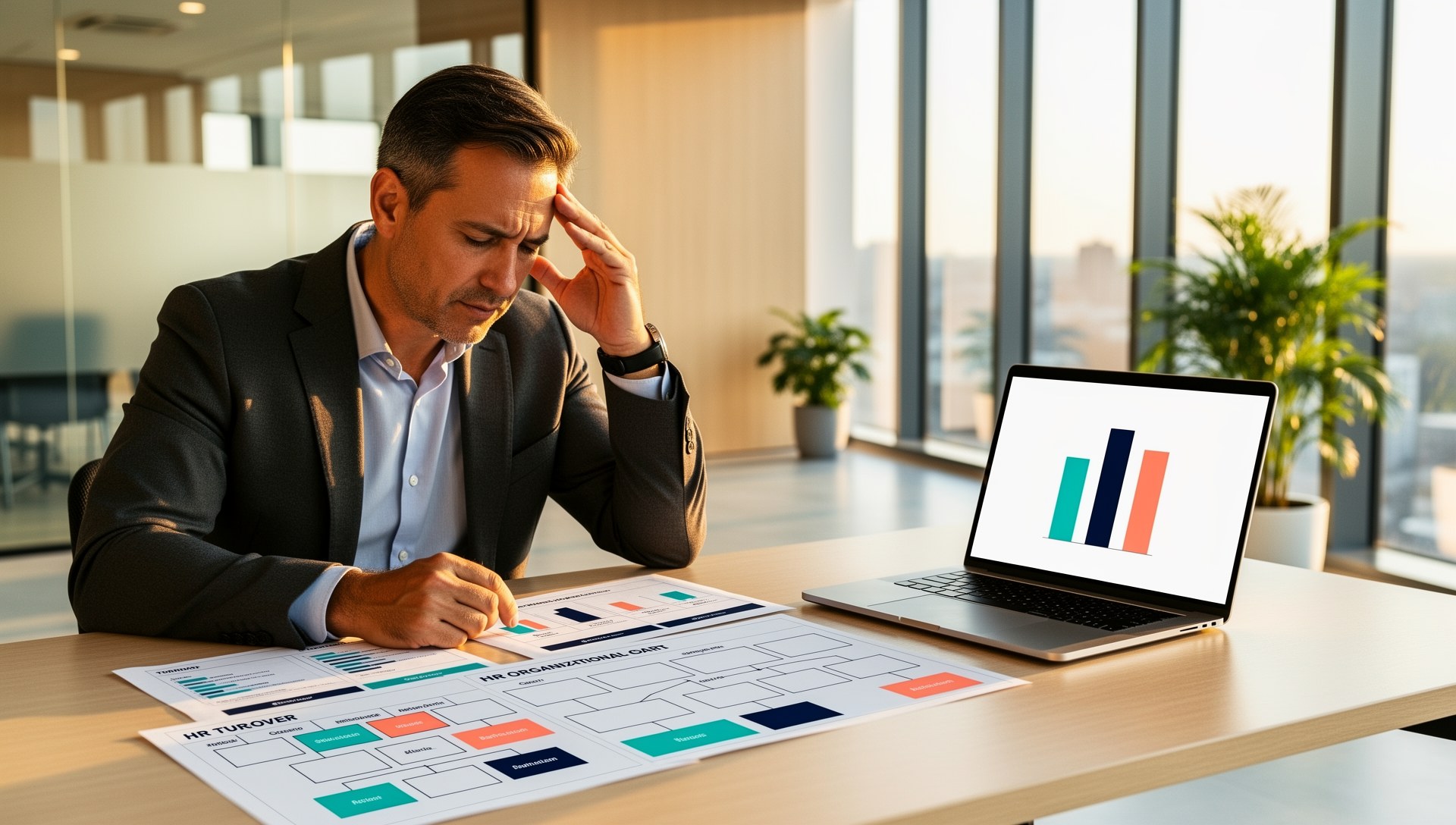 California business owner reviewing employee turnover data and rising benefits costs