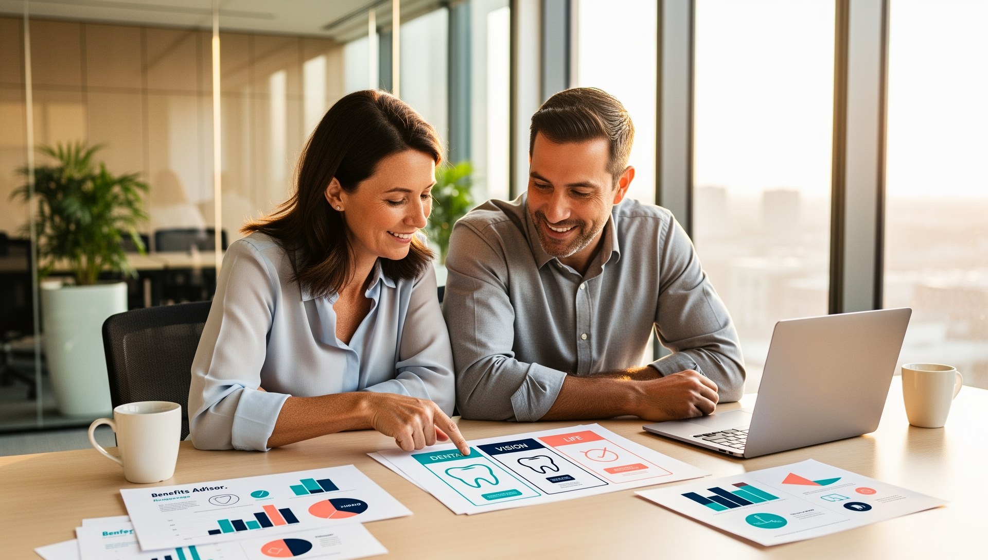 Benefits advisor reviewing dental vision and life insurance options with a business owner