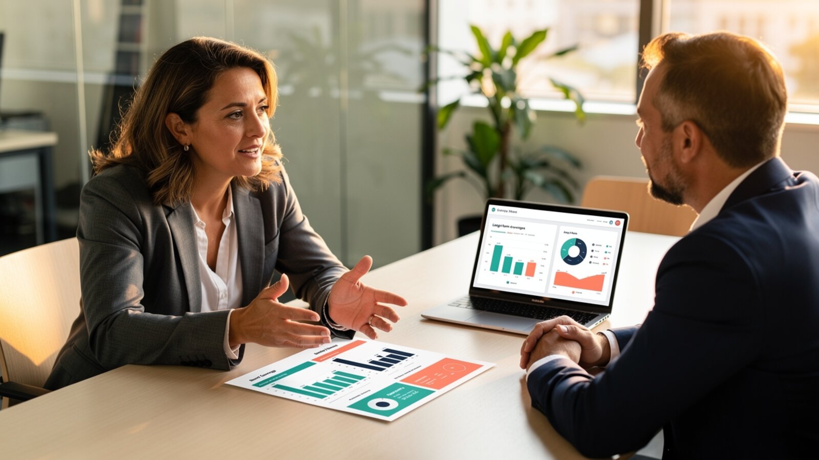 Benefits advisor and small business owner reviewing disability insurance coverage options
