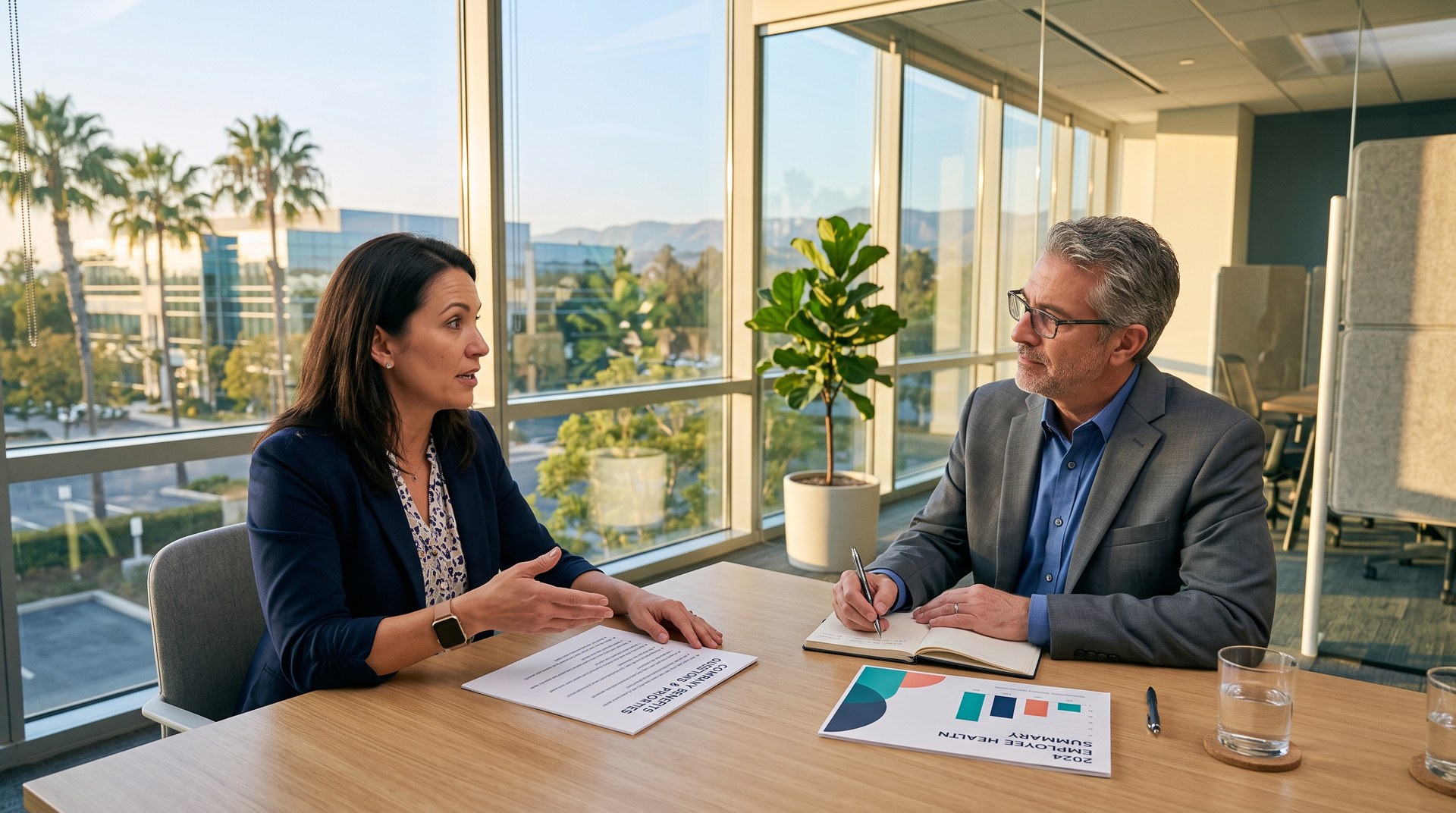 Irvine business owner interviewing an employee benefits broker with a printed question list