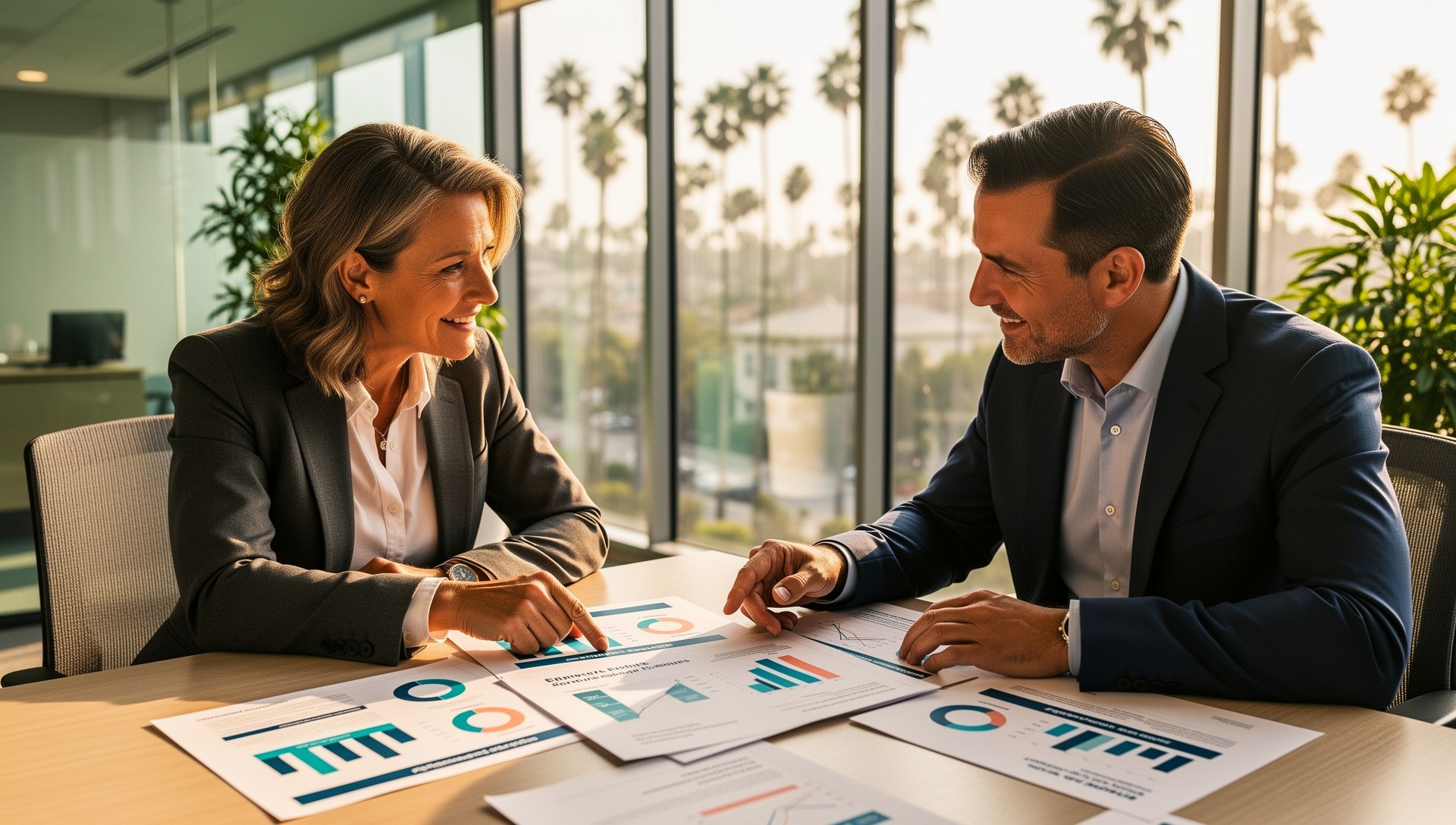 Business owner reviewing employee benefits proposal with an Orange County insurance broker