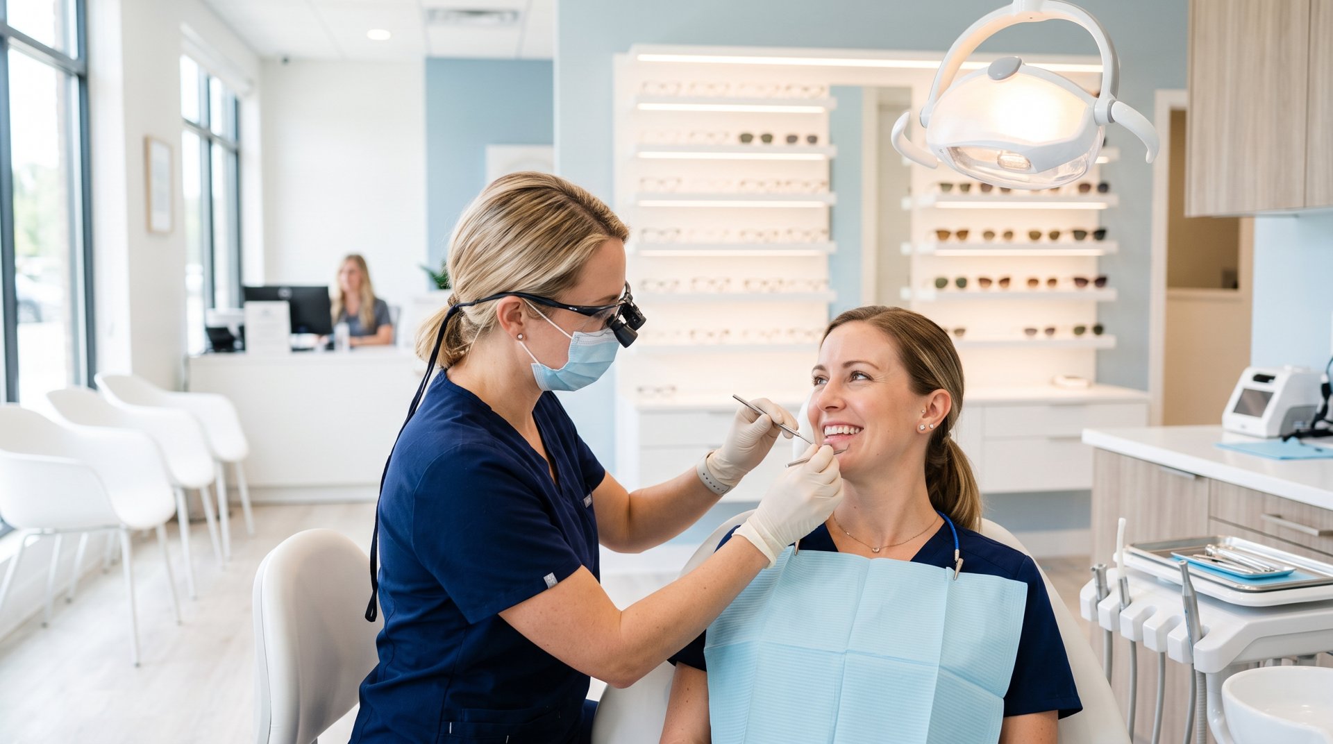 Employee at a dental checkup in an office with an eyewear display for group dental and vision benefits Employee at a dental checkup in an office with an eyewear display for group dental and vision benefits