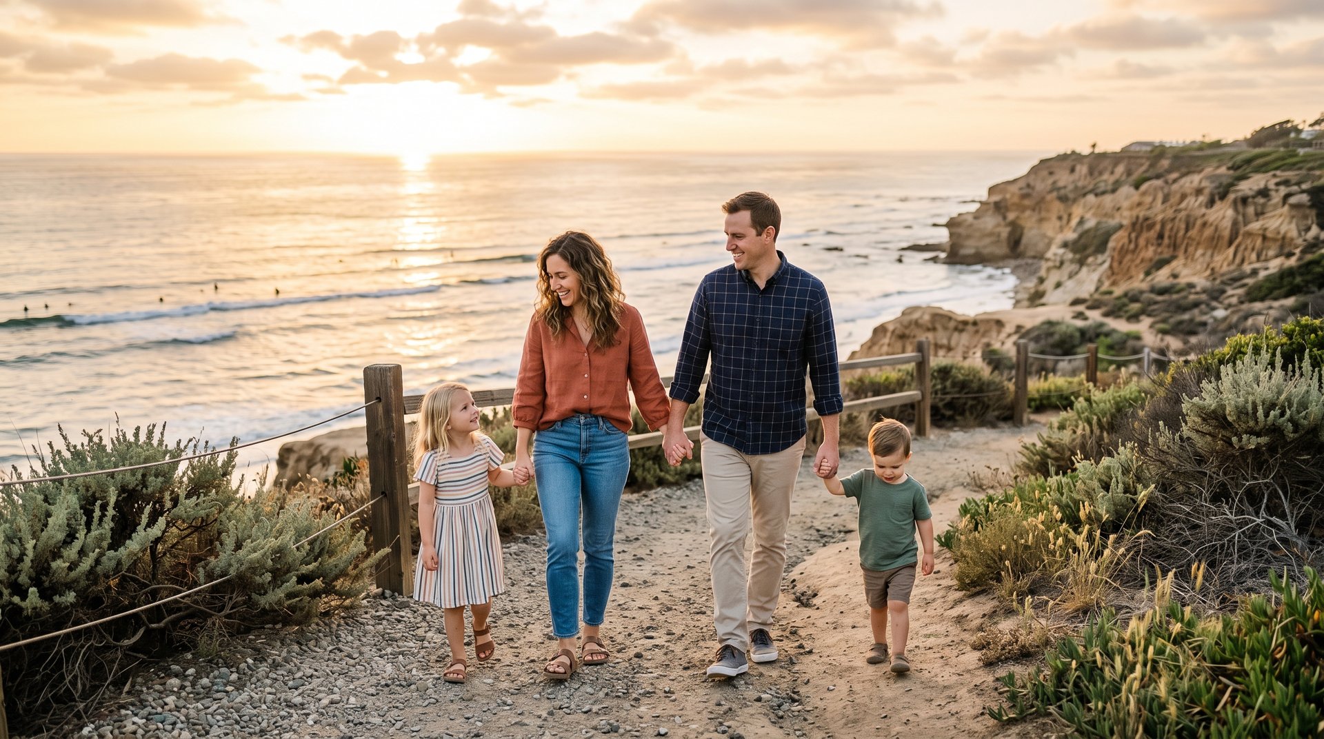 Family walking along the Carlsbad coast, protected by group life and disability insurance Family walking along the Carlsbad coast, protected by group life and disability insurance