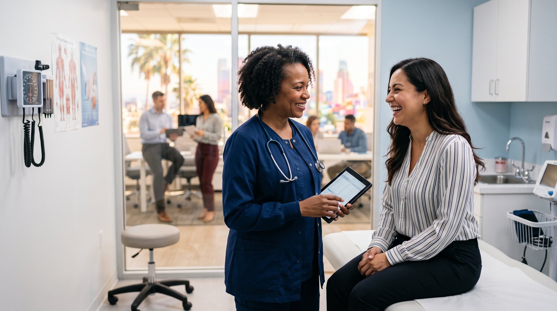 Employee talking with a doctor during a visit covered by group medical insurance Employee talking with a doctor during a visit covered by group medical insurance