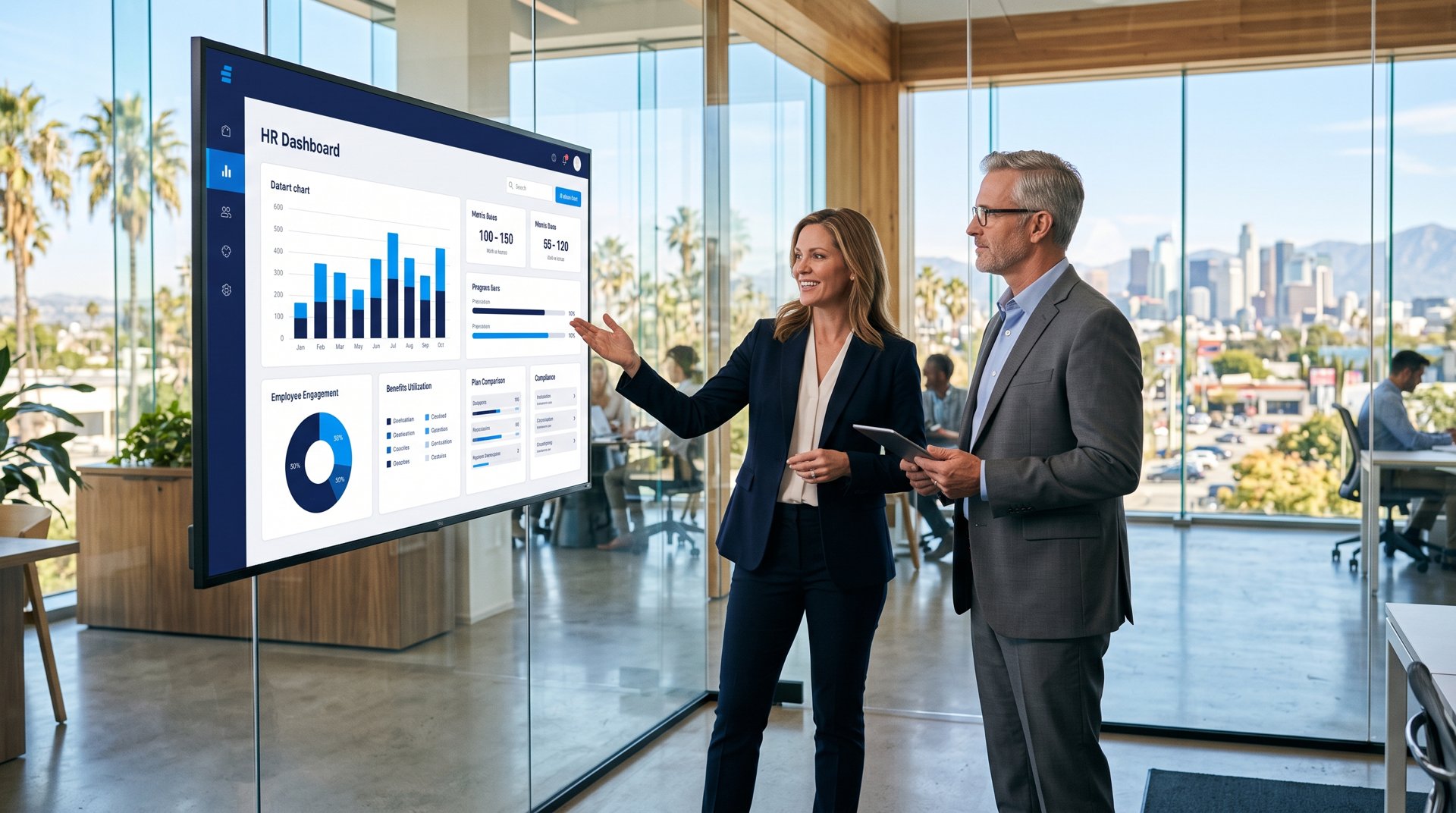 Business owner and consultant reviewing a benefits administration dashboard after a PEO exit Business owner and consultant reviewing a benefits administration dashboard after a PEO exit