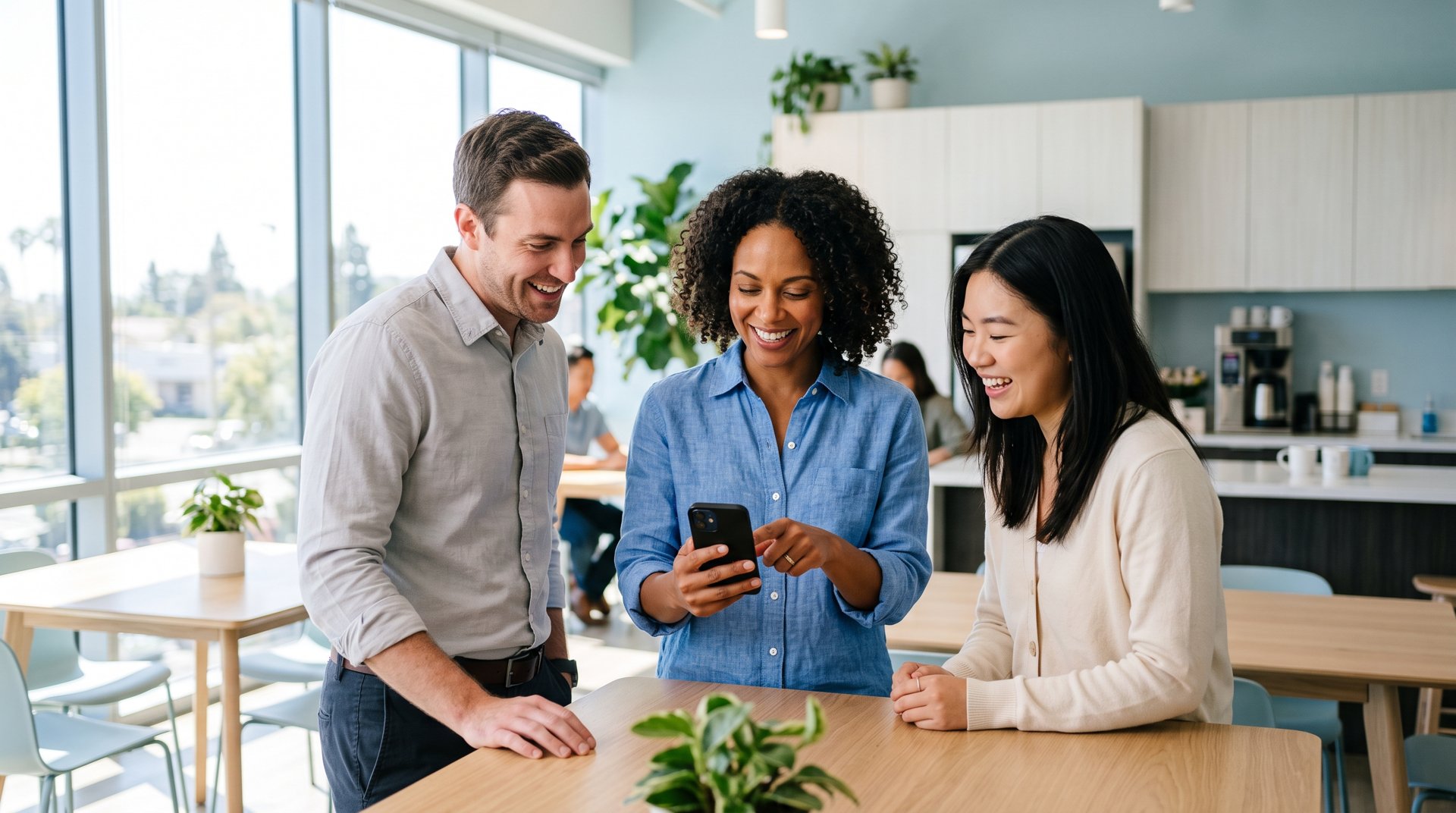 Coworkers choosing voluntary benefits together on a smartphone Coworkers choosing voluntary benefits together on a smartphone