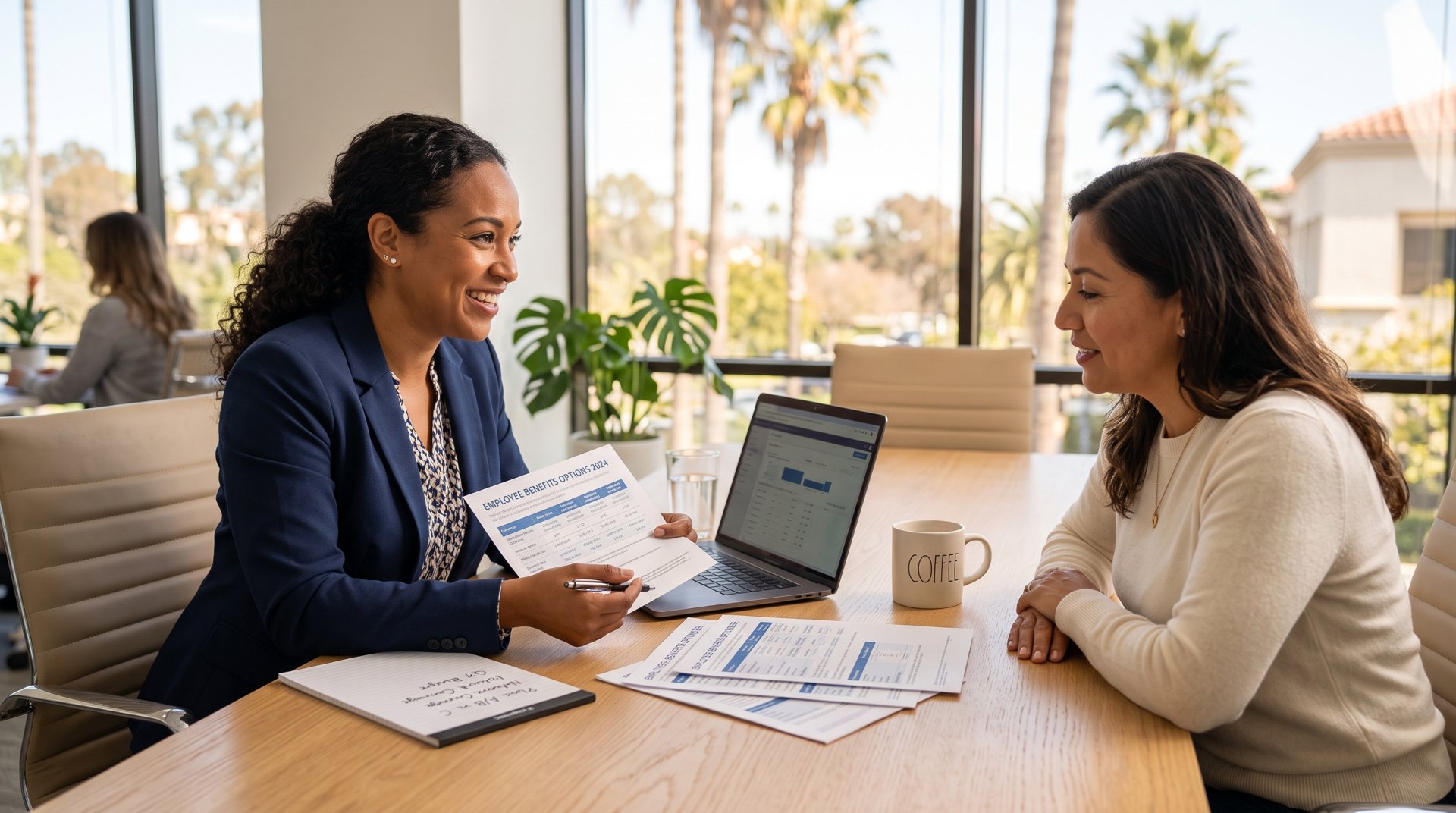 Benefits broker reviewing group health plan options with a small business owner in Carlsbad, CA Benefits broker reviewing group health plan options with a small business owner in Carlsbad, CA