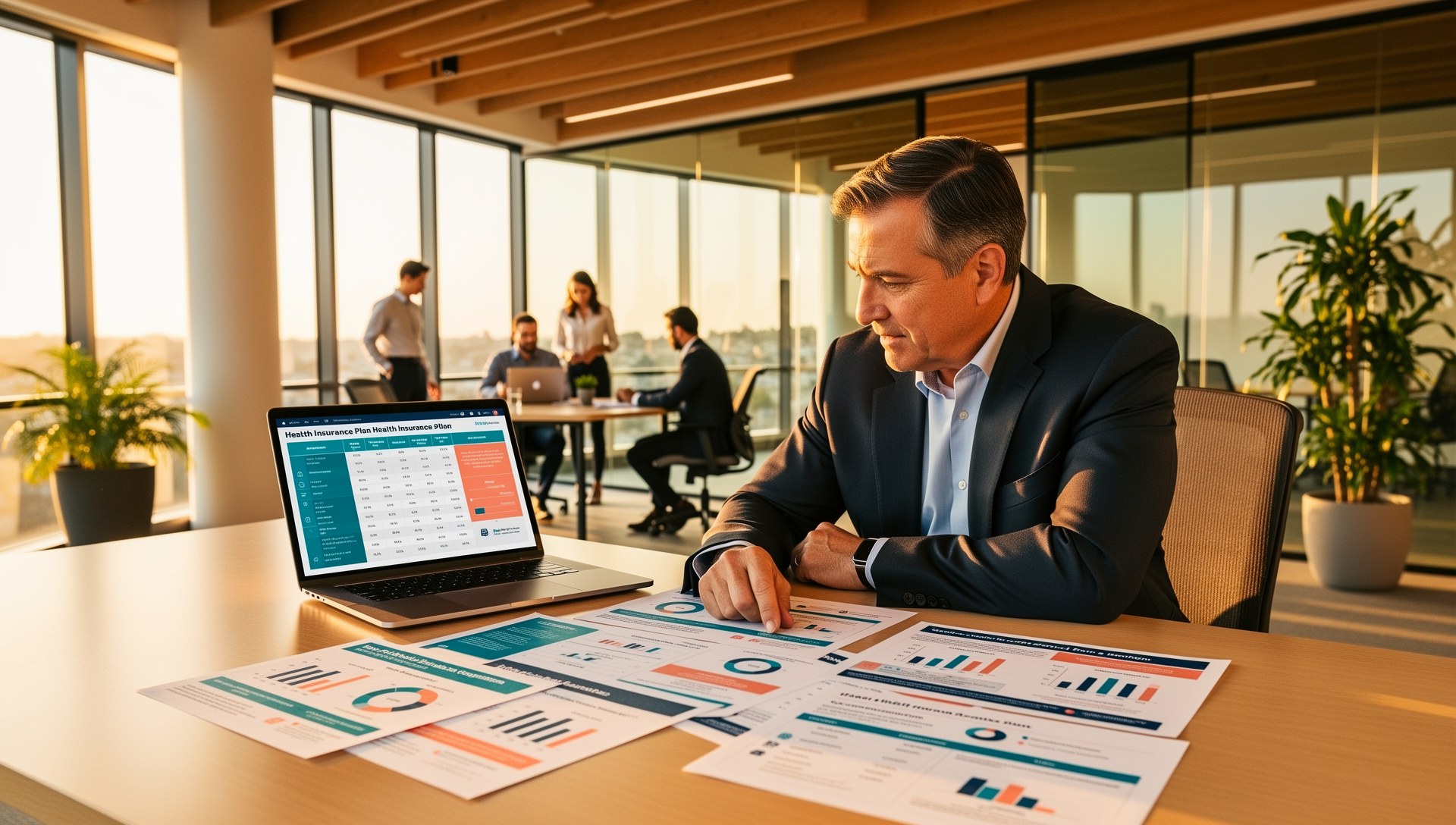 Business owner reviewing group health insurance plans for a 20 to 50 employee company