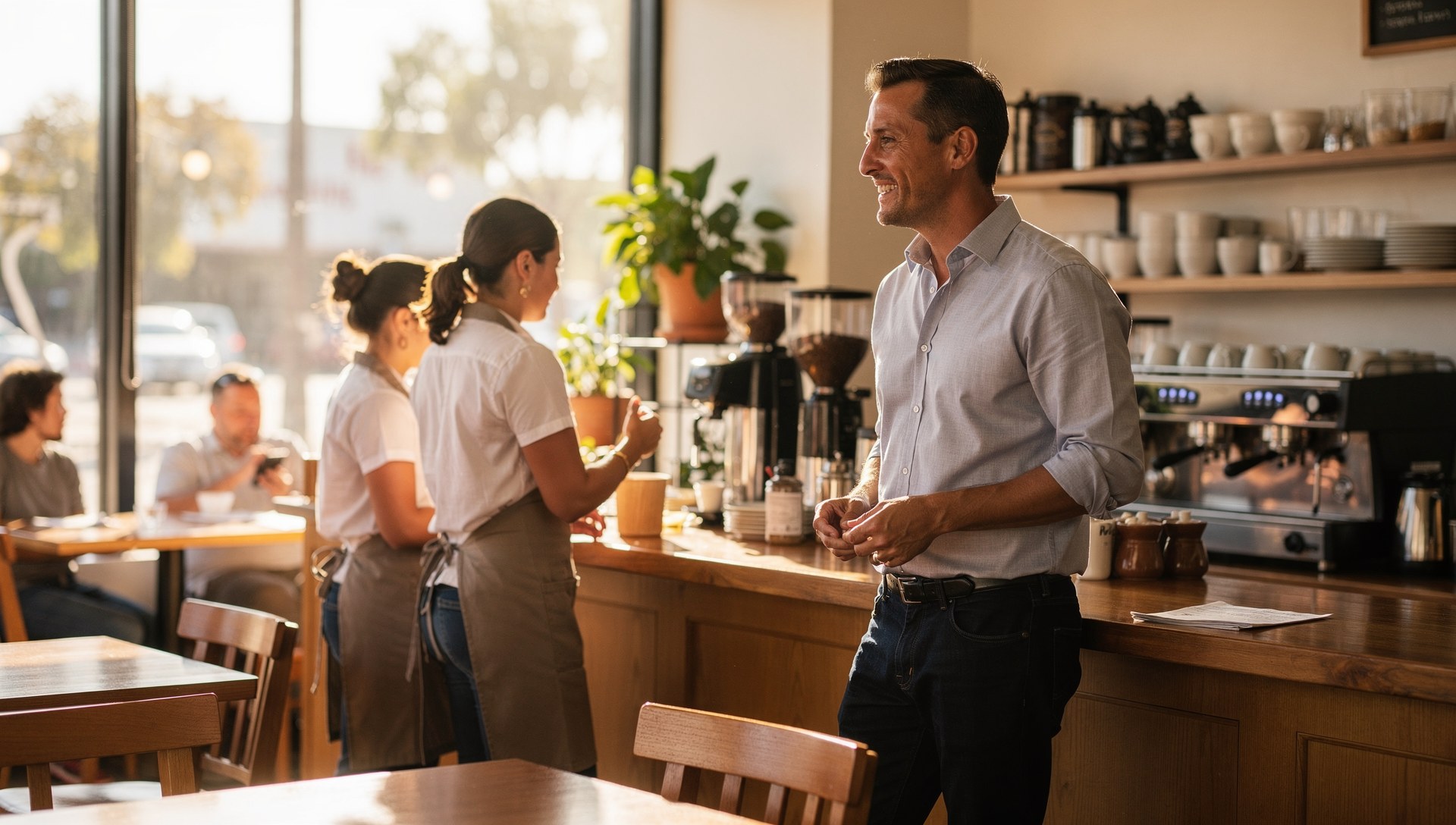 Restaurant owner discussing group health insurance benefits with hospitality staff
