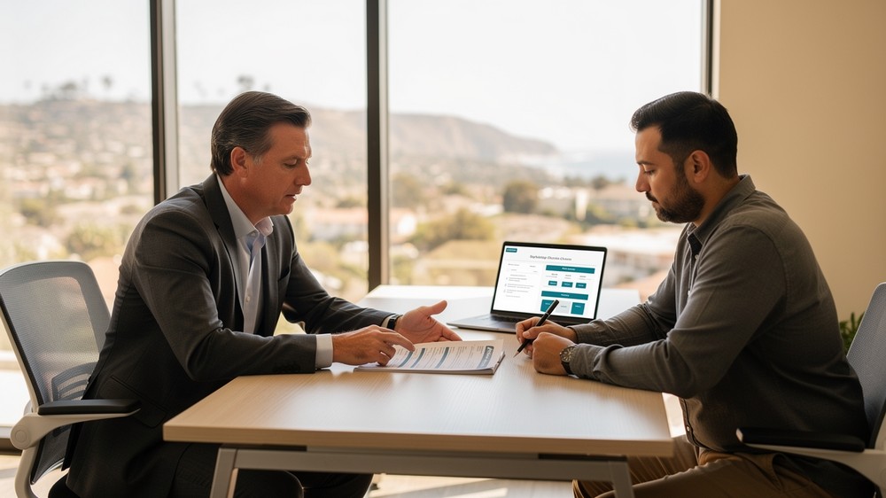 Insurance broker reviewing group health insurance options with a San Diego small business owner