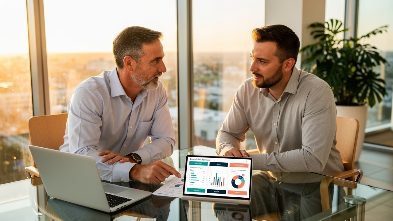 HR manager and broker reviewing a group life insurance benefits proposal