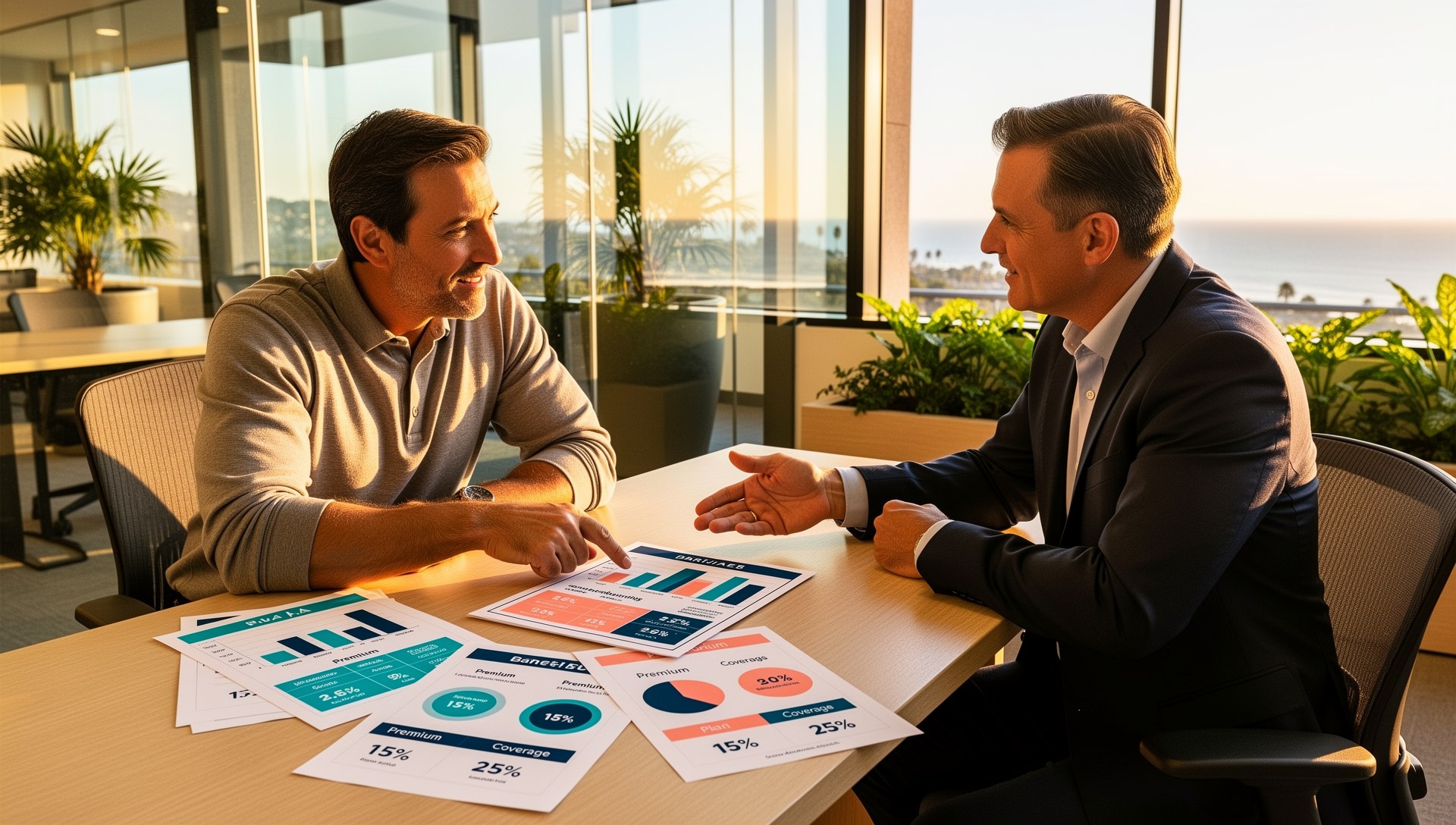 Business owner and broker reviewing a PEO exit cost comparison in a bright office