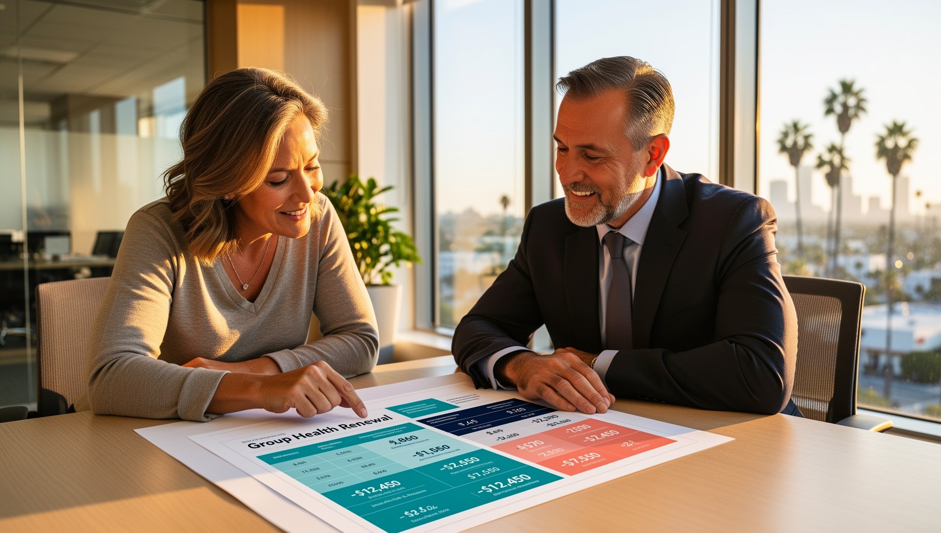 Business owner and broker reviewing a group health insurance renewal comparison chart