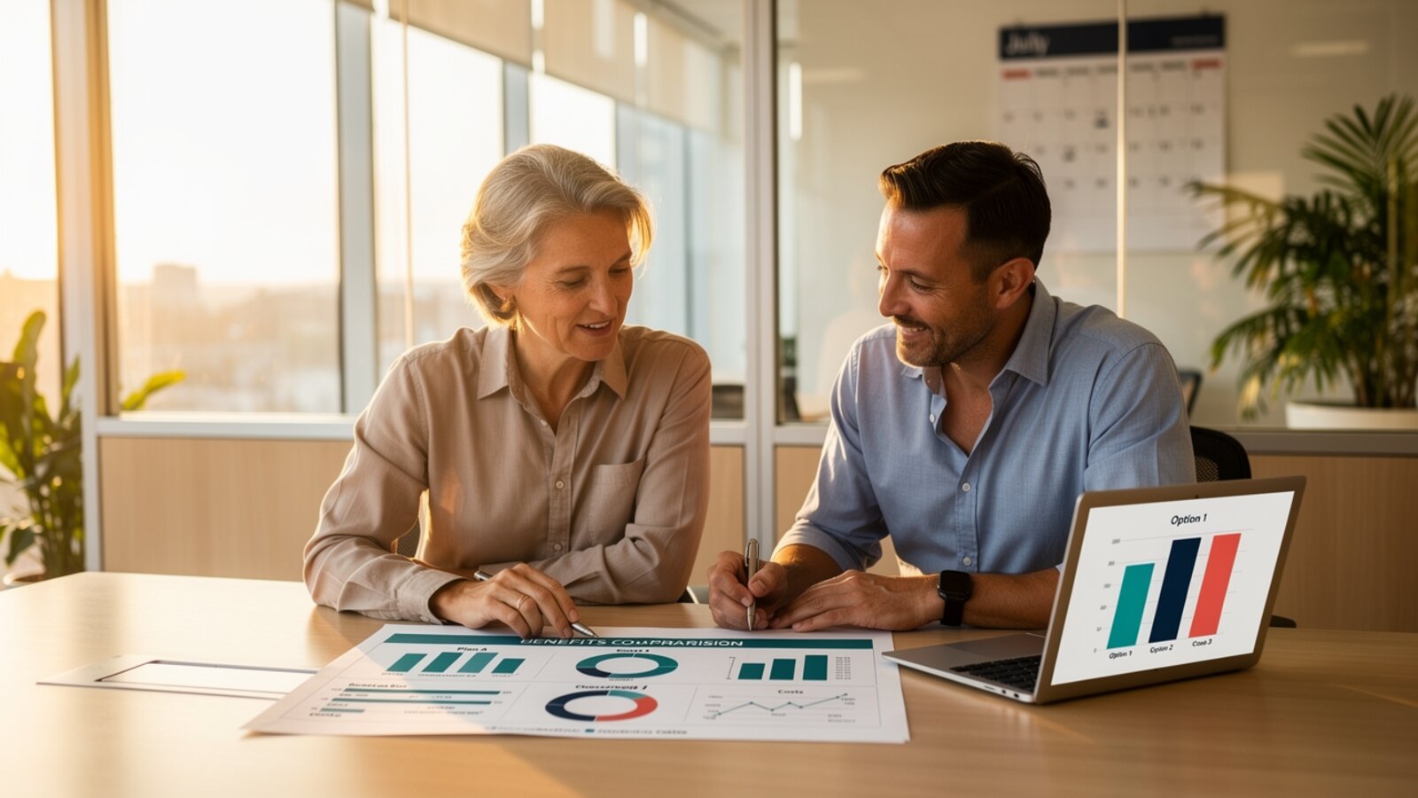 HR manager and business owner reviewing Medicare open enrollment coverage options