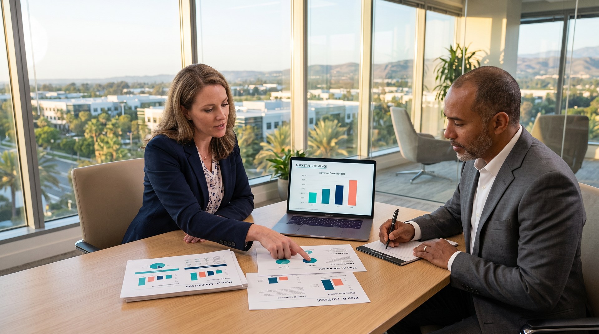 Irvine employers comparing self-funded vs fully-insured health plan documents in a conference room