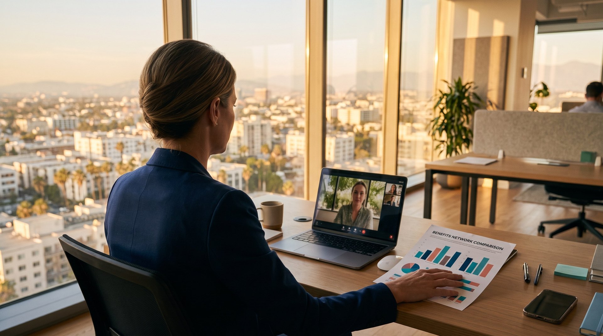 Los Angeles employee benefits broker reviewing Cedars-Sinai and UCLA network access on a video call