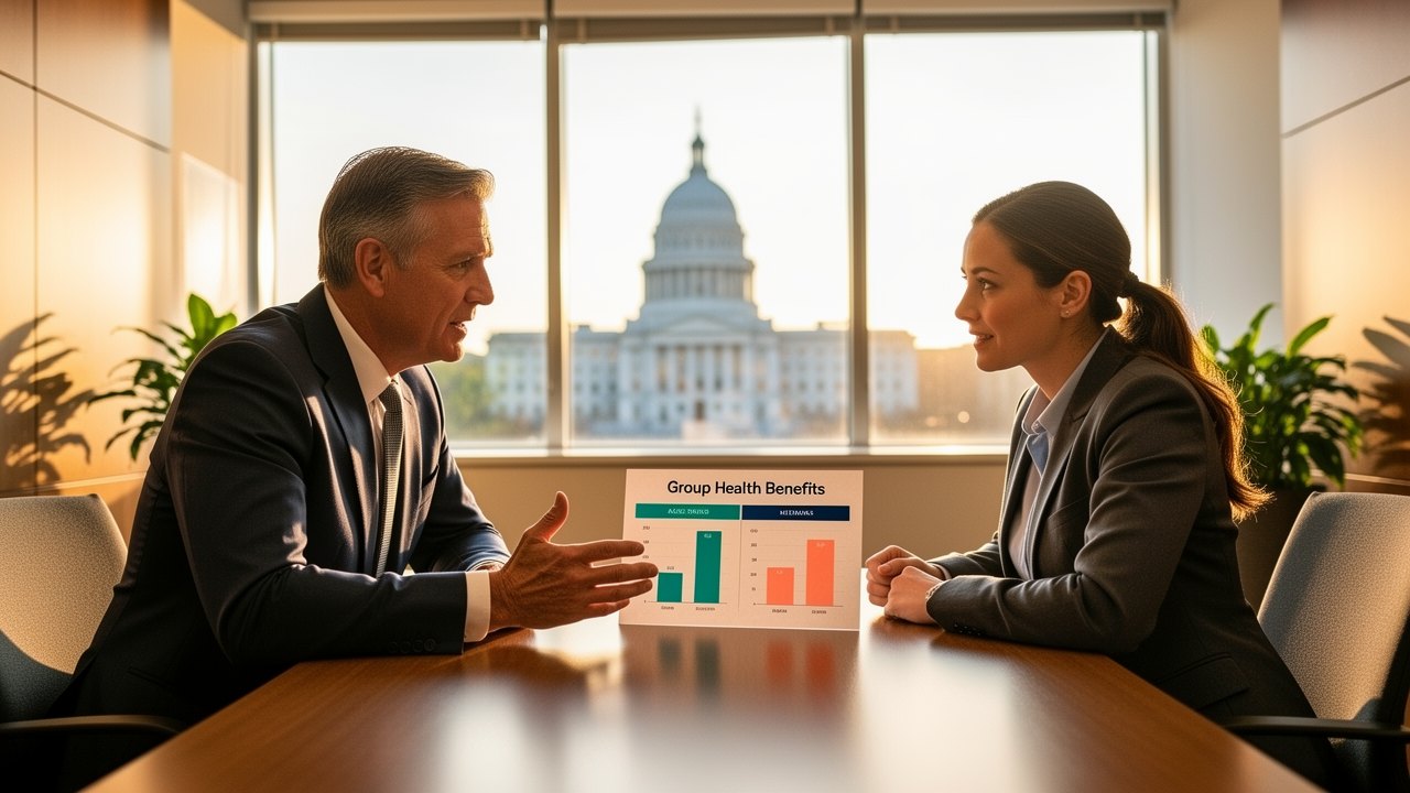 Santa Ana group health insurance broker reviewing employee benefits options with a business owner