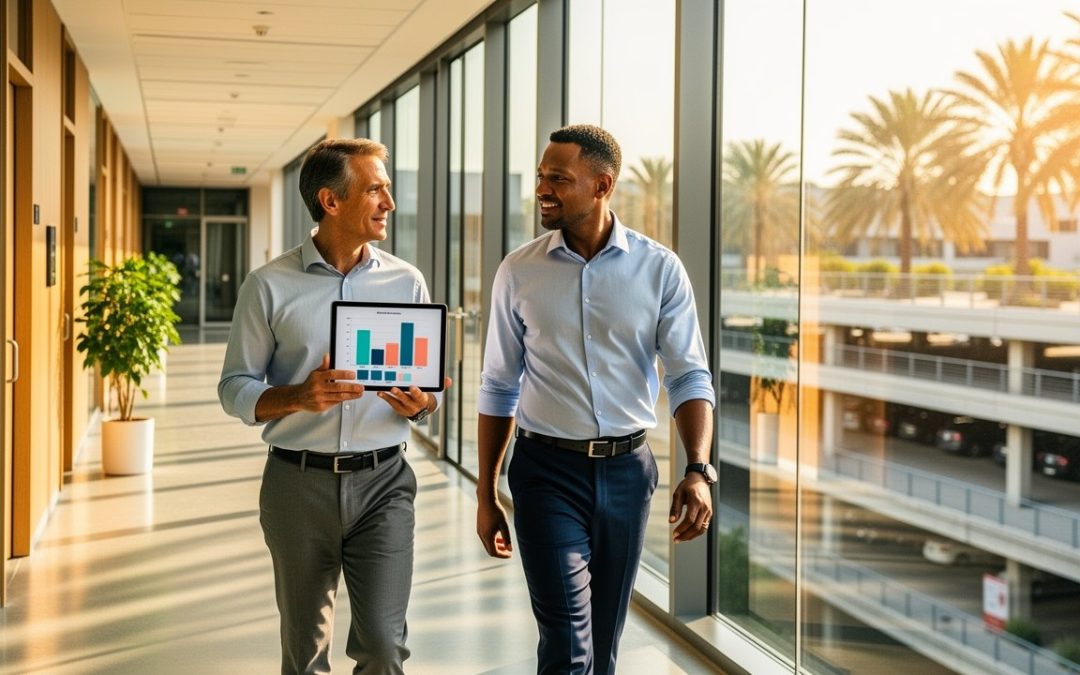 Tustin employee benefits broker reviewing group health insurance options with a business owner