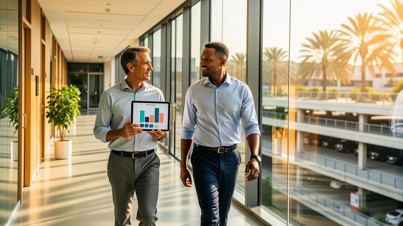 Tustin employee benefits broker reviewing group health insurance options with a business owner