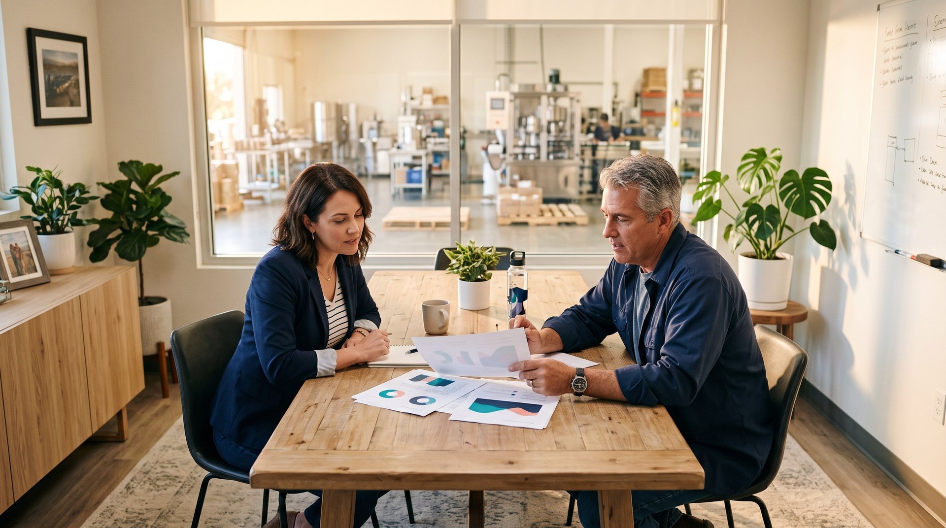 Vista employee benefits broker reviewing a group health plan with a small manufacturer