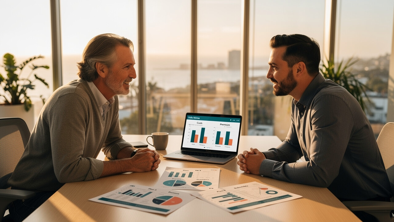 Small business owner reviewing employee benefits options with a broker in California