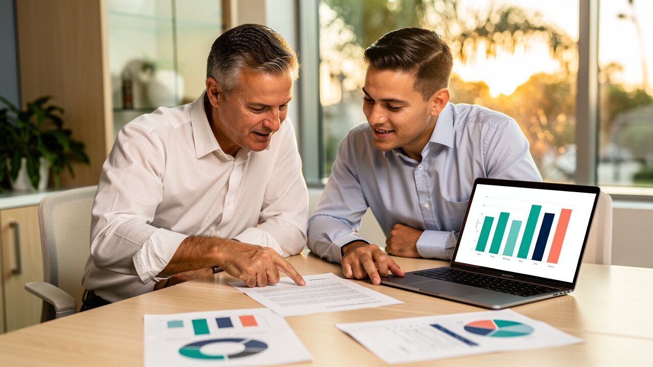 Business owner and broker reviewing a broker of record letter in a San Diego office