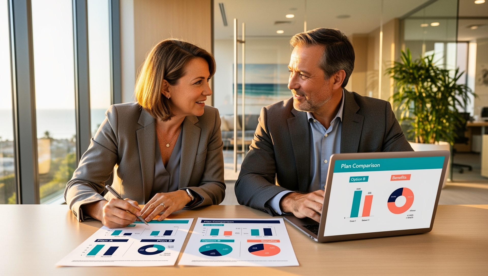 Two professionals comparing TriNet vs independent broker cost breakdowns in a Carlsbad office