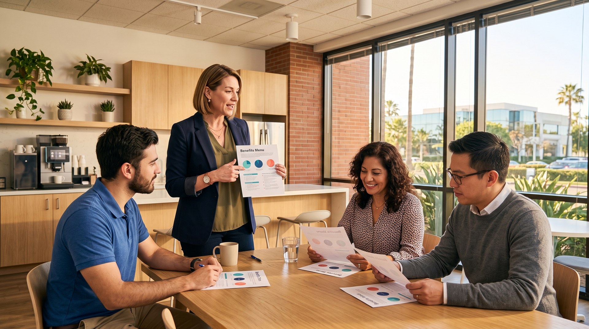 HR manager reviewing voluntary and ancillary benefits options with employees in an Irvine office breakroom